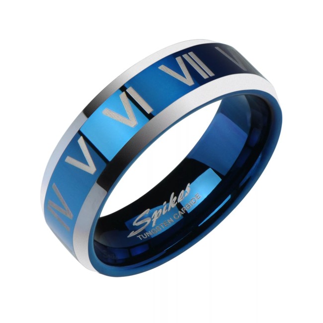 кольцо Spikes "Римские цифры" из вольфрама синее